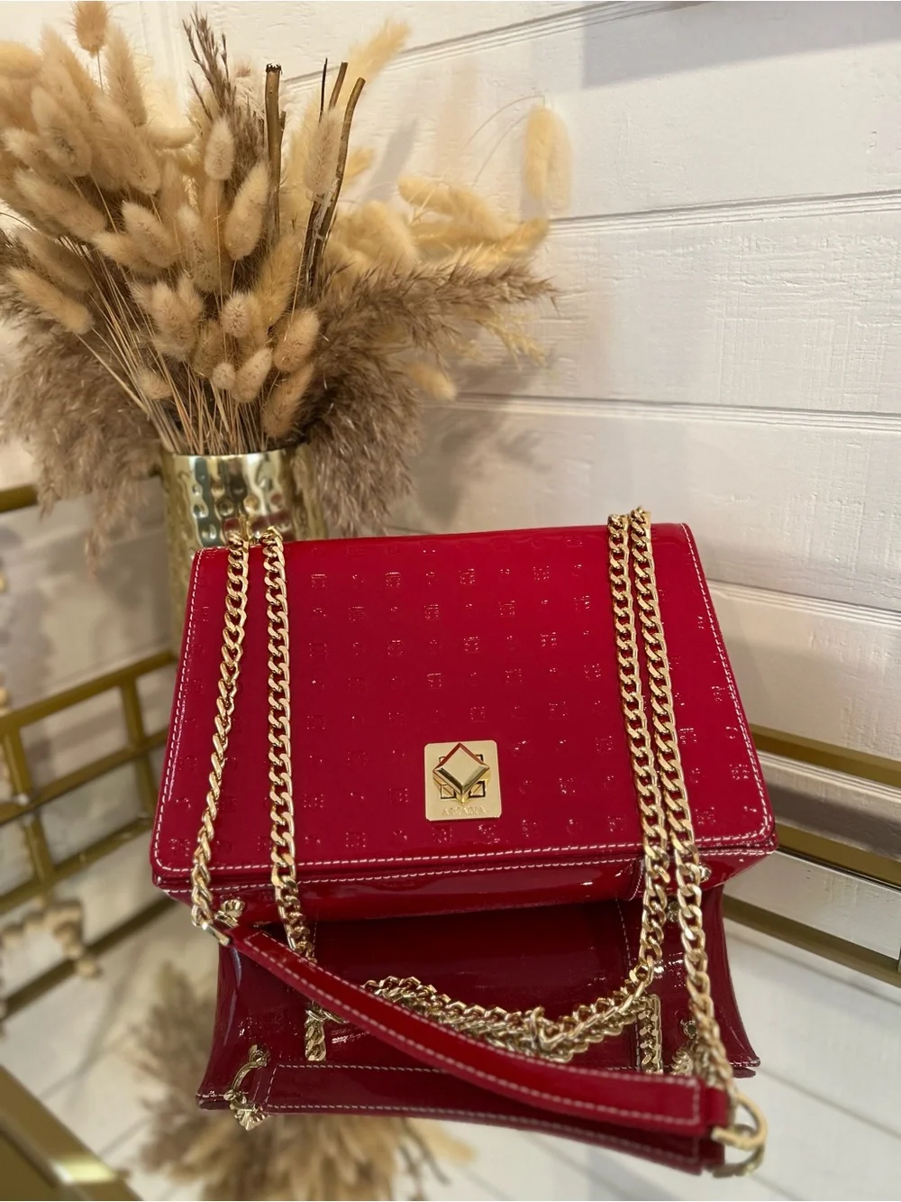Arcadia bag Red Patent Leather Chain Shoulder Bag with Gold Hardware